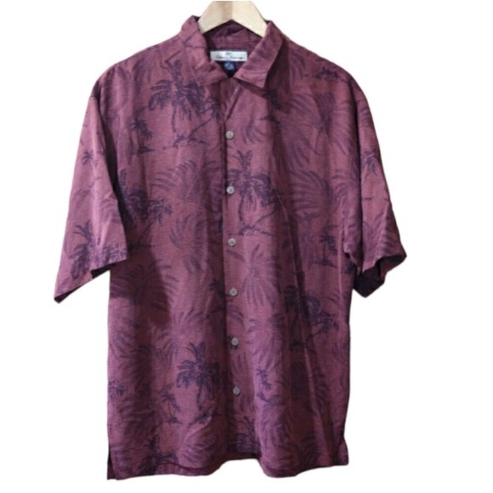 Tommy Bahama Silk Tropical Shirt Medium Purple Burgundy Palm Print